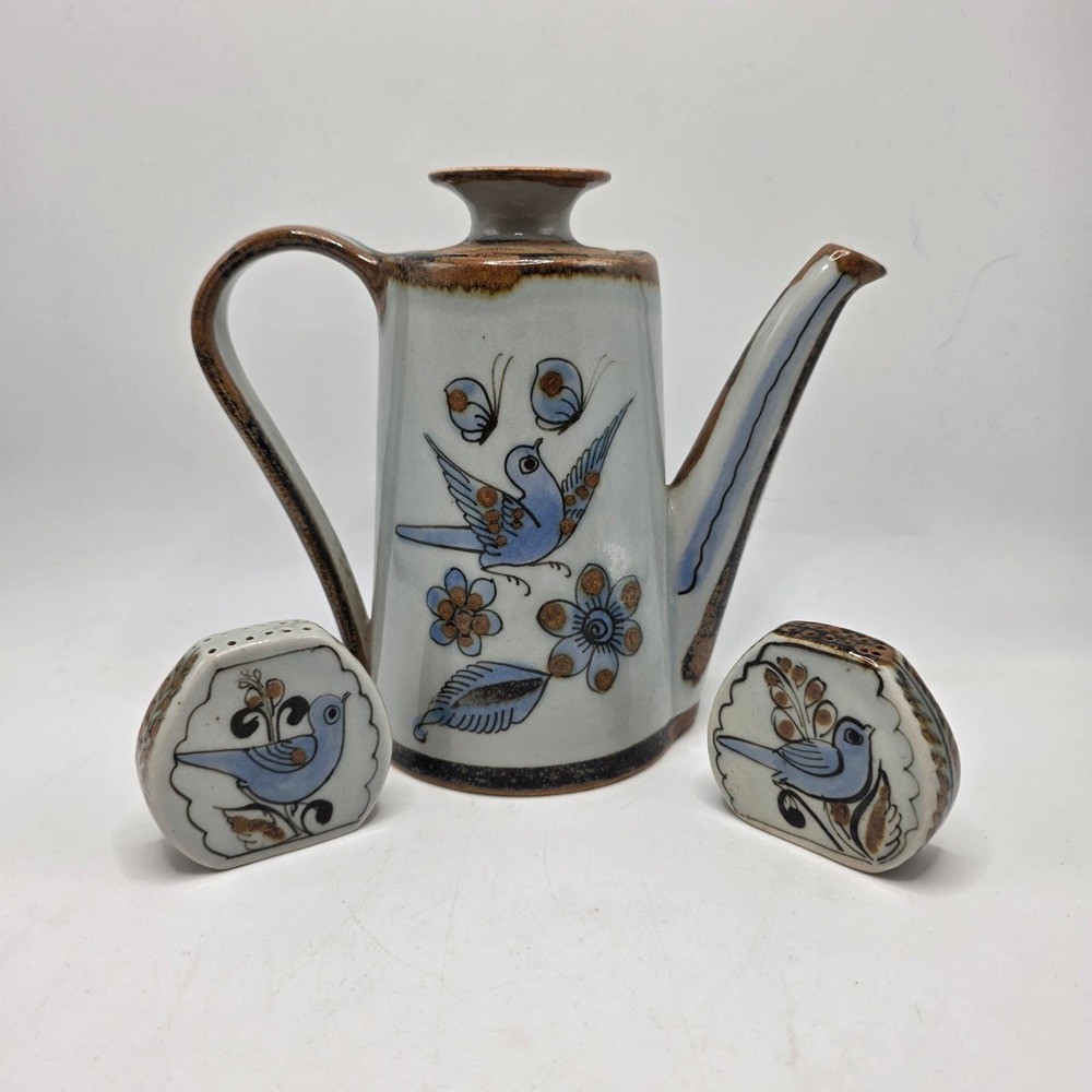 Ken Edwards Tonala Teapot Salt Pepper Shakers Blue Bird Mexican Folk Art Pottery
